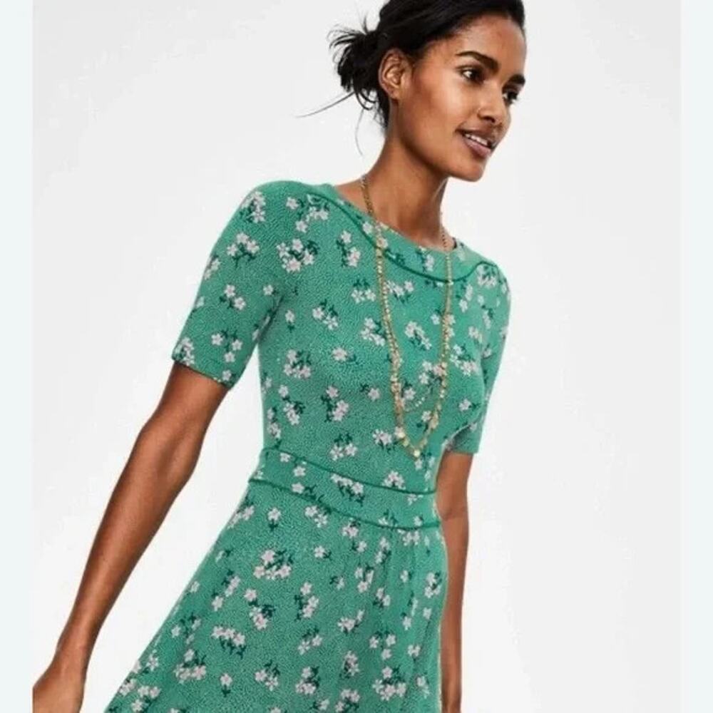 Boden Ava Jersey Floral‎ Green Short Sleeve Modest Midi Dress 8 LONG